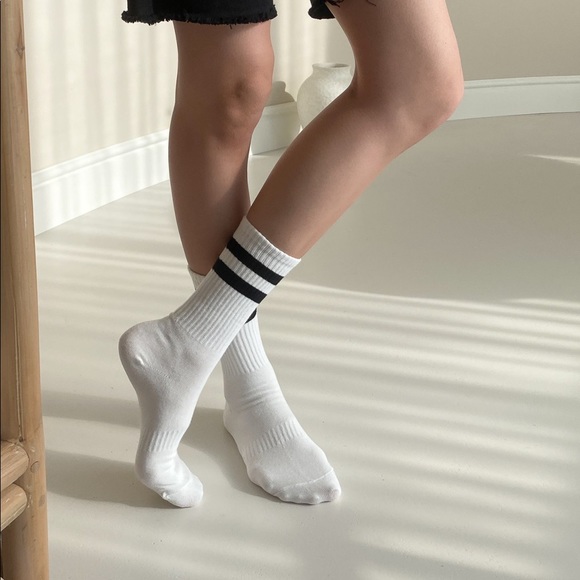 2-Stripe Crew Socks - White with Black Stripes - Picture 1 of 12